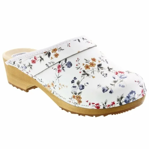 LINNEA Wood Open Back Flower Print Traction Slip-on Round Toe Leather Clogs - Picture 13 of 14